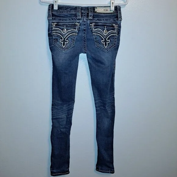 🪨 Rock Revival Allegra Skinny Jeans W/Leather Embroidered Flap Pockets size 25 - Picture 2 of 16